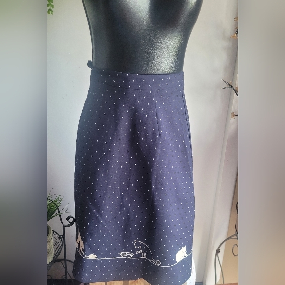 Miss Patina Blue A-line Skirt with Cat Print Hemline Size S